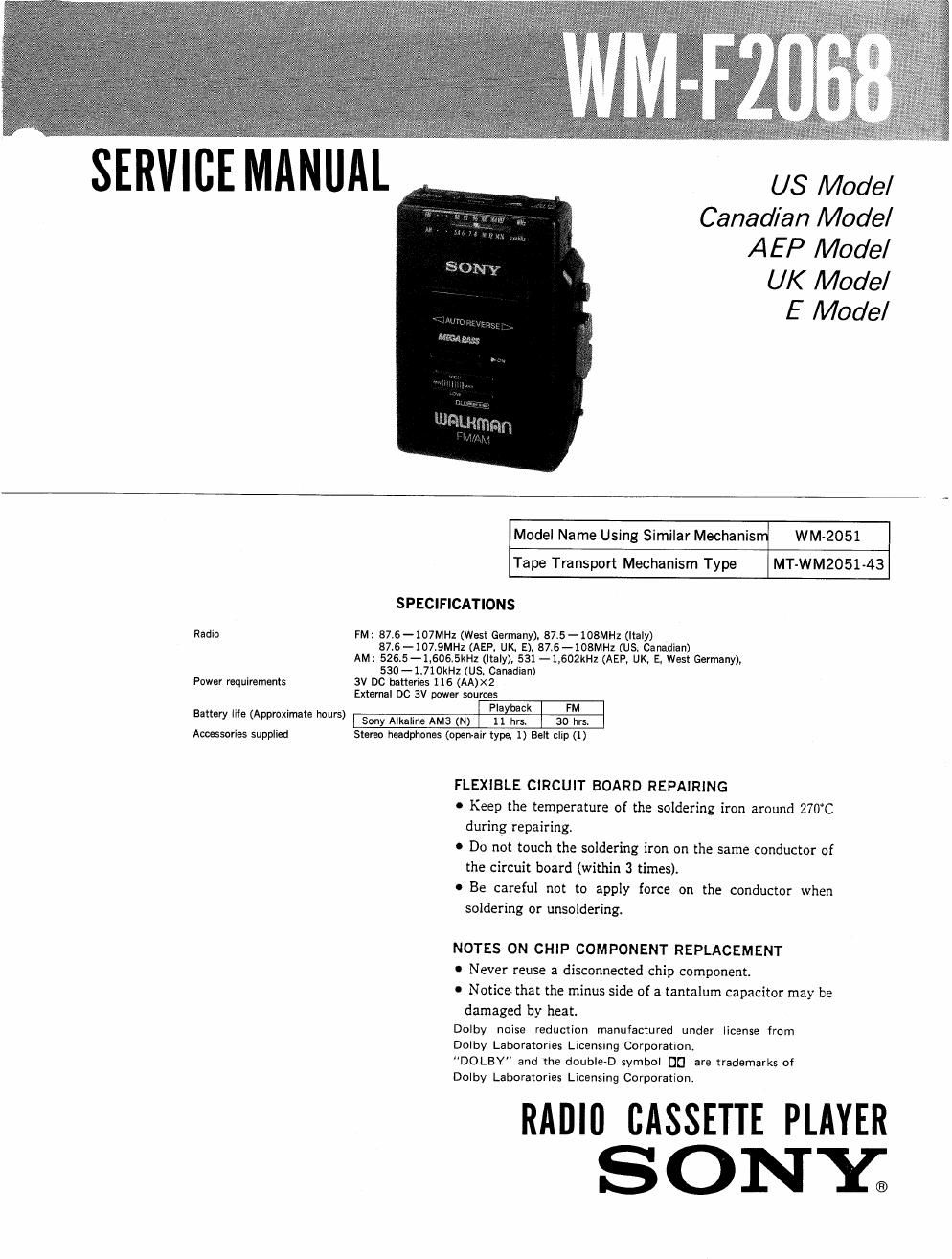 sony wm f 2068 service manual