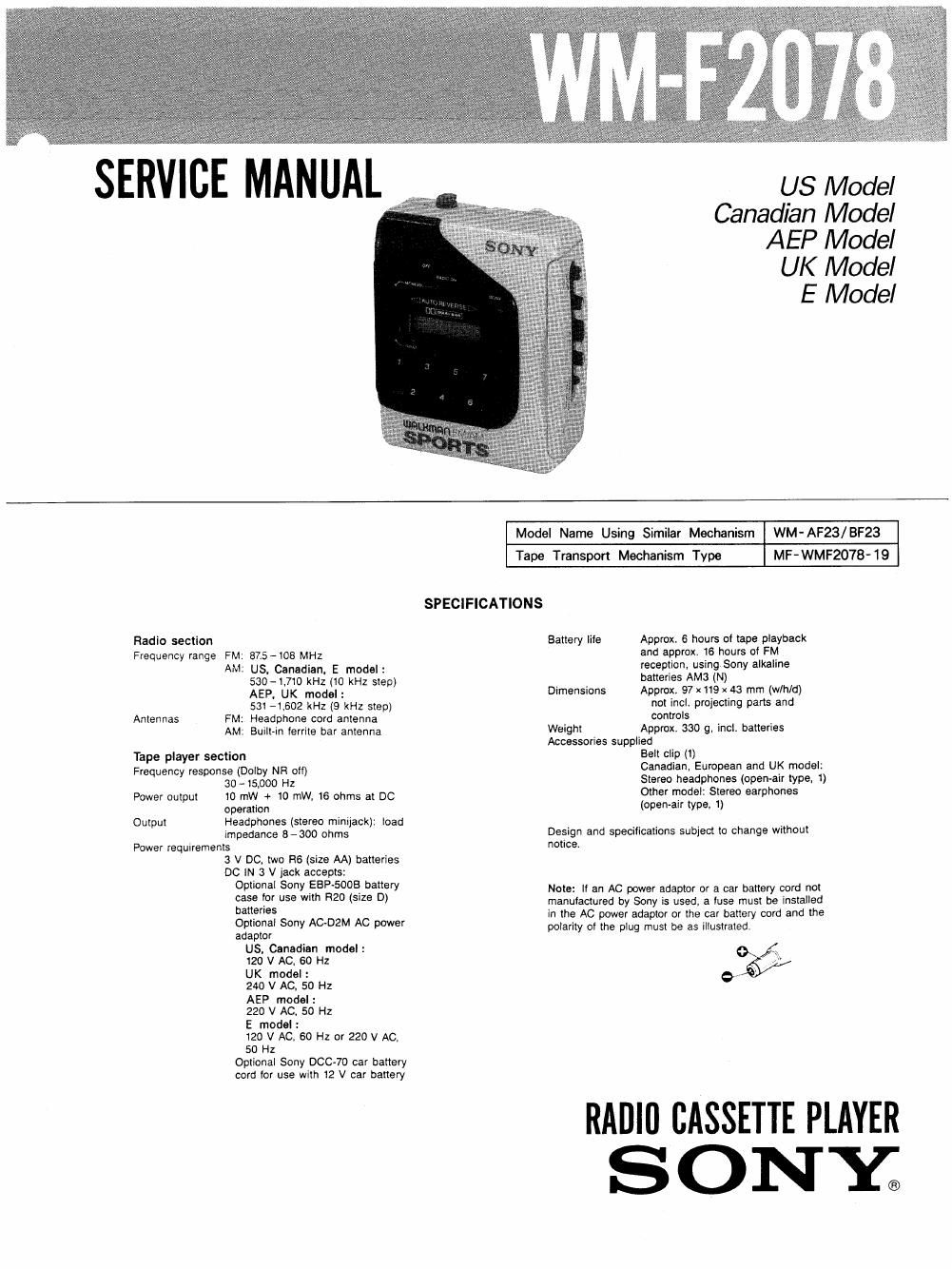 sony wm f 2078 service manual