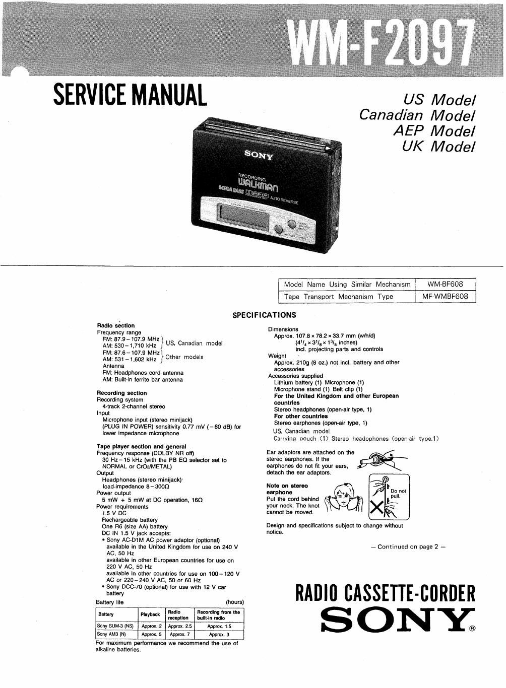 sony wm f 2097 service manual