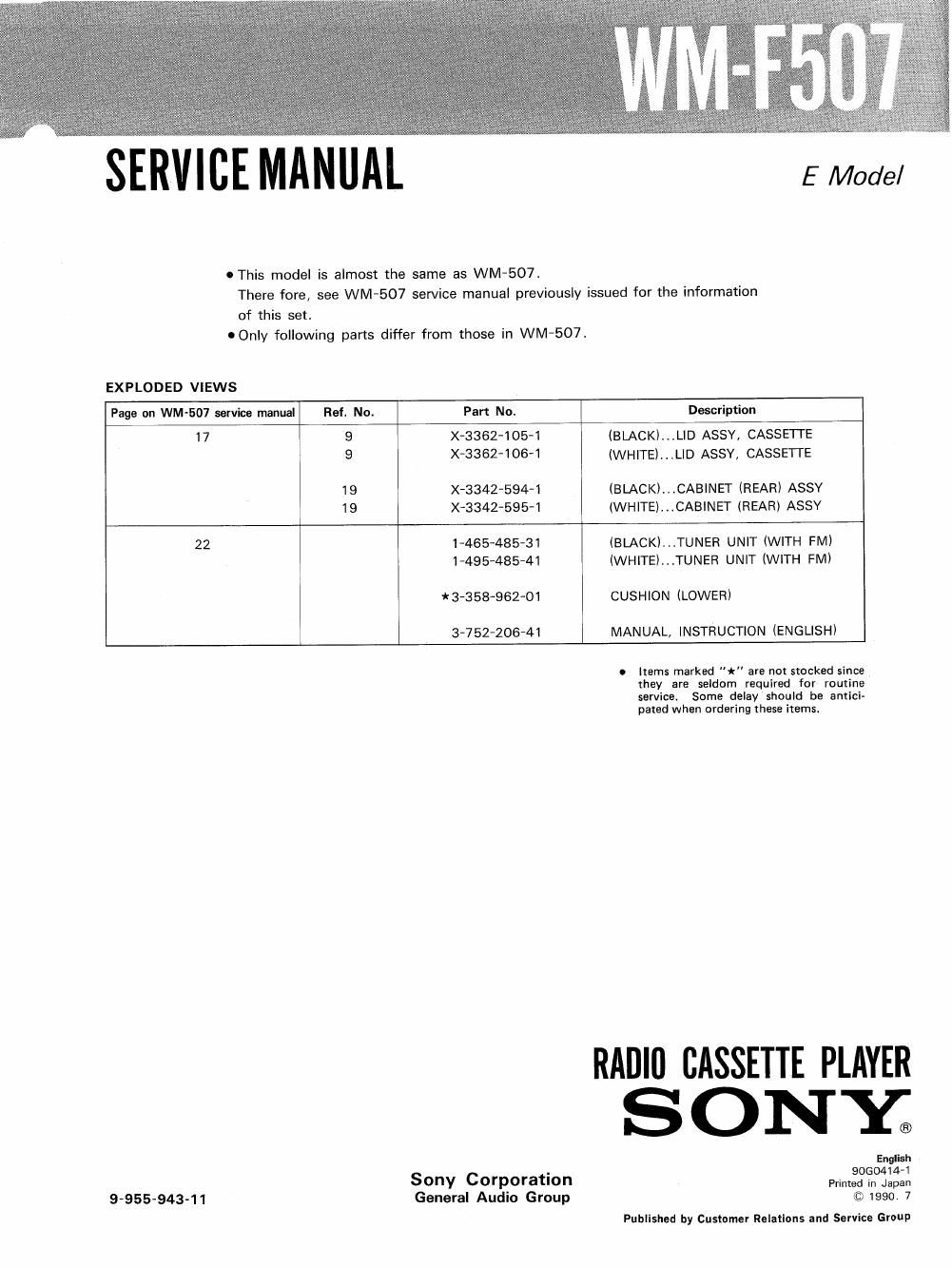 sony wm f 507 service manual