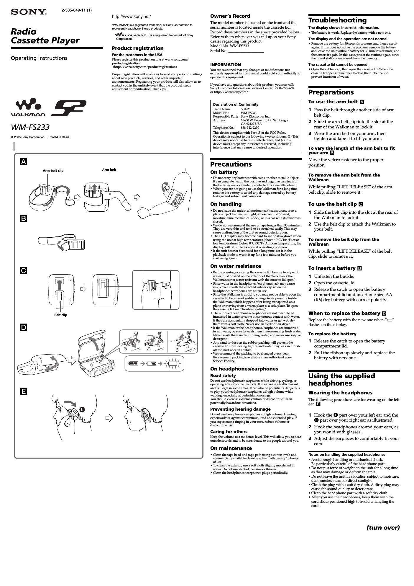 sony wm fs 233 owners manual