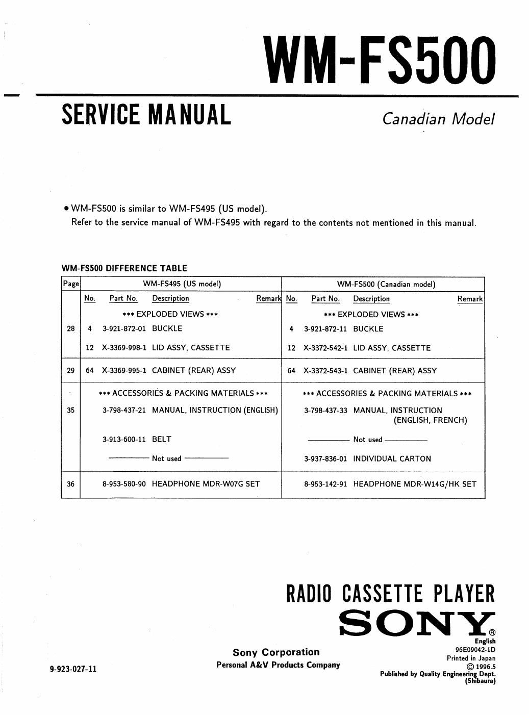 sony wm fs 500 service manual