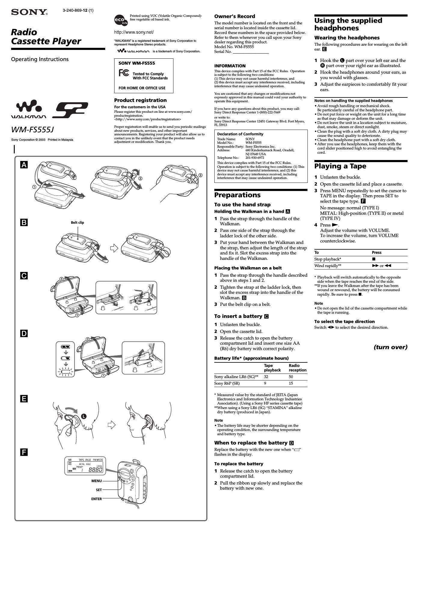 sony wm fs 555 j owners manual