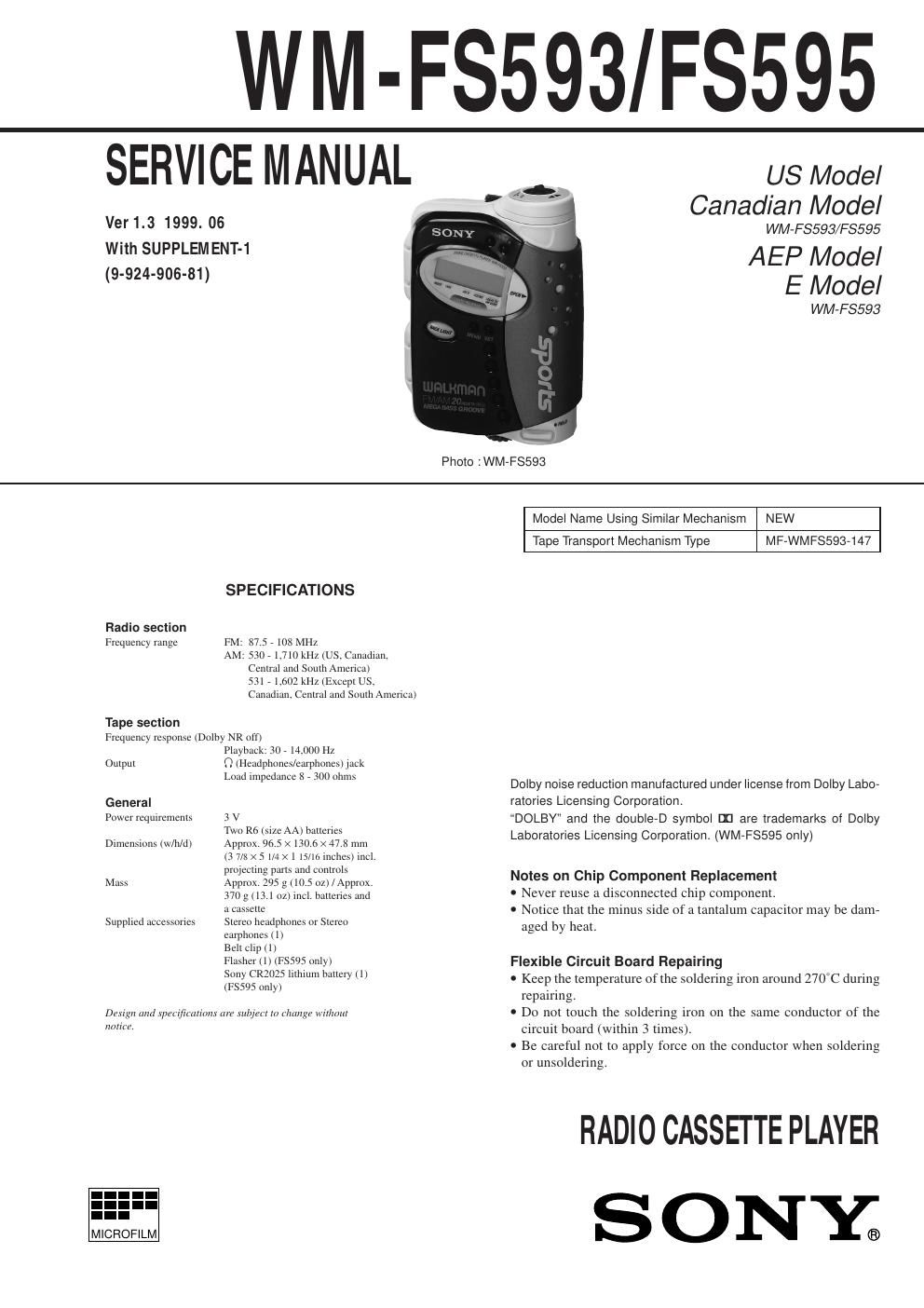 sony wm fs 593 service manual