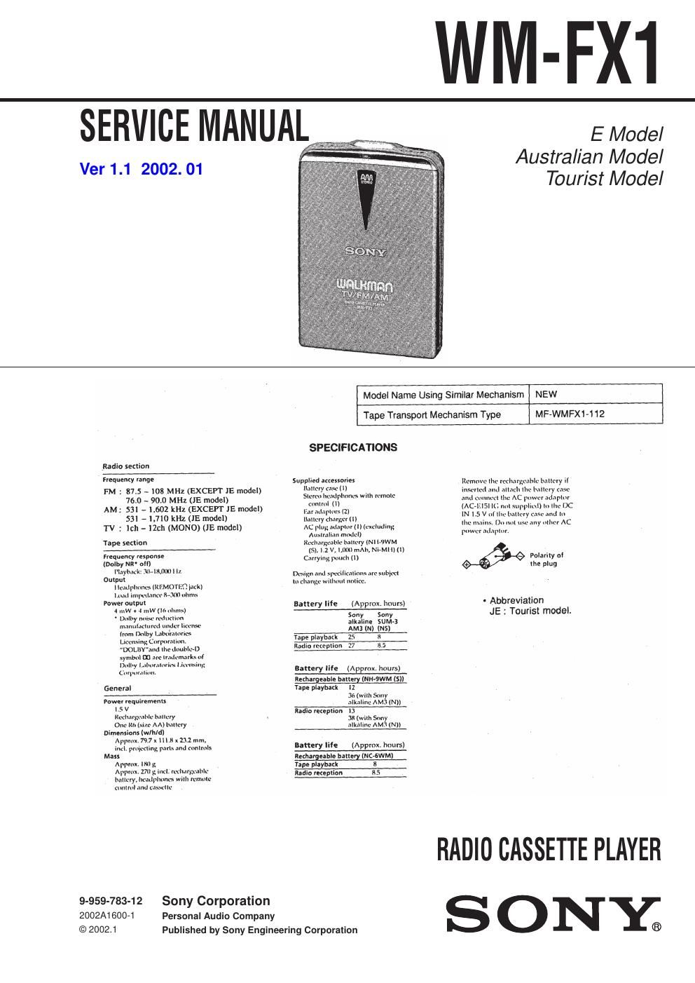 sony wm fx 1 service manual