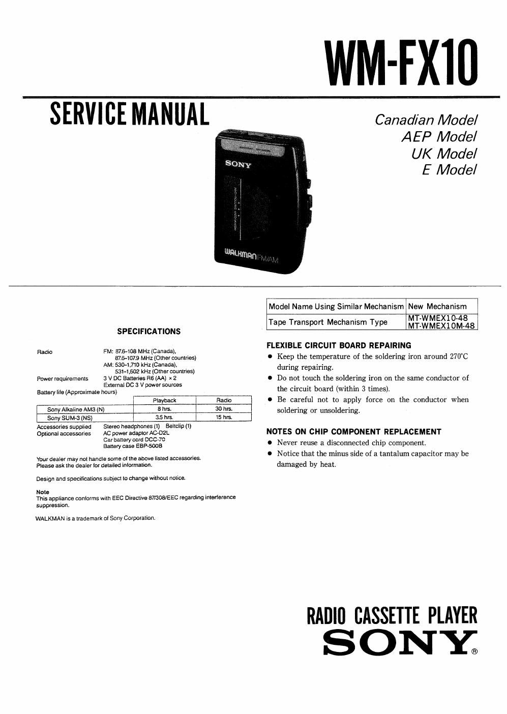 sony wm fx 10 service manual