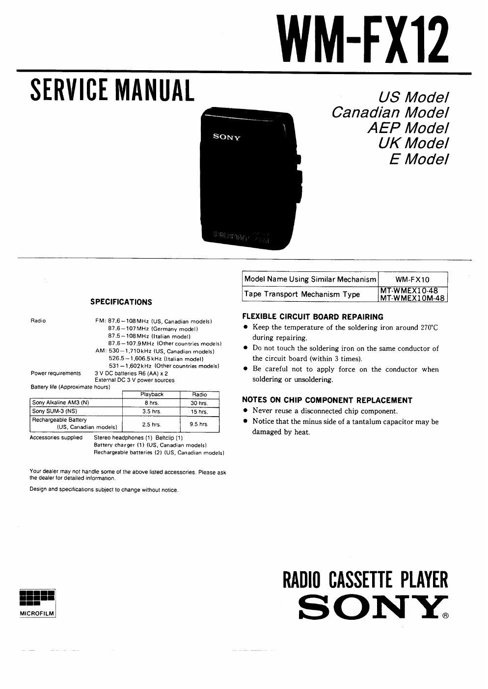 sony wm fx 12 service manual