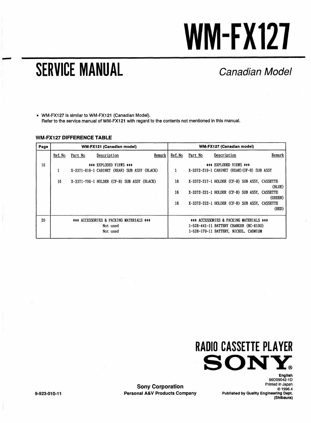 sony wm fx 127 service manual