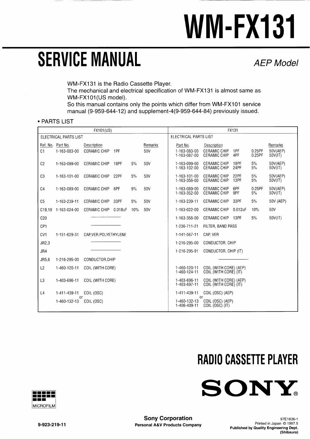 sony wm fx 131 service manual