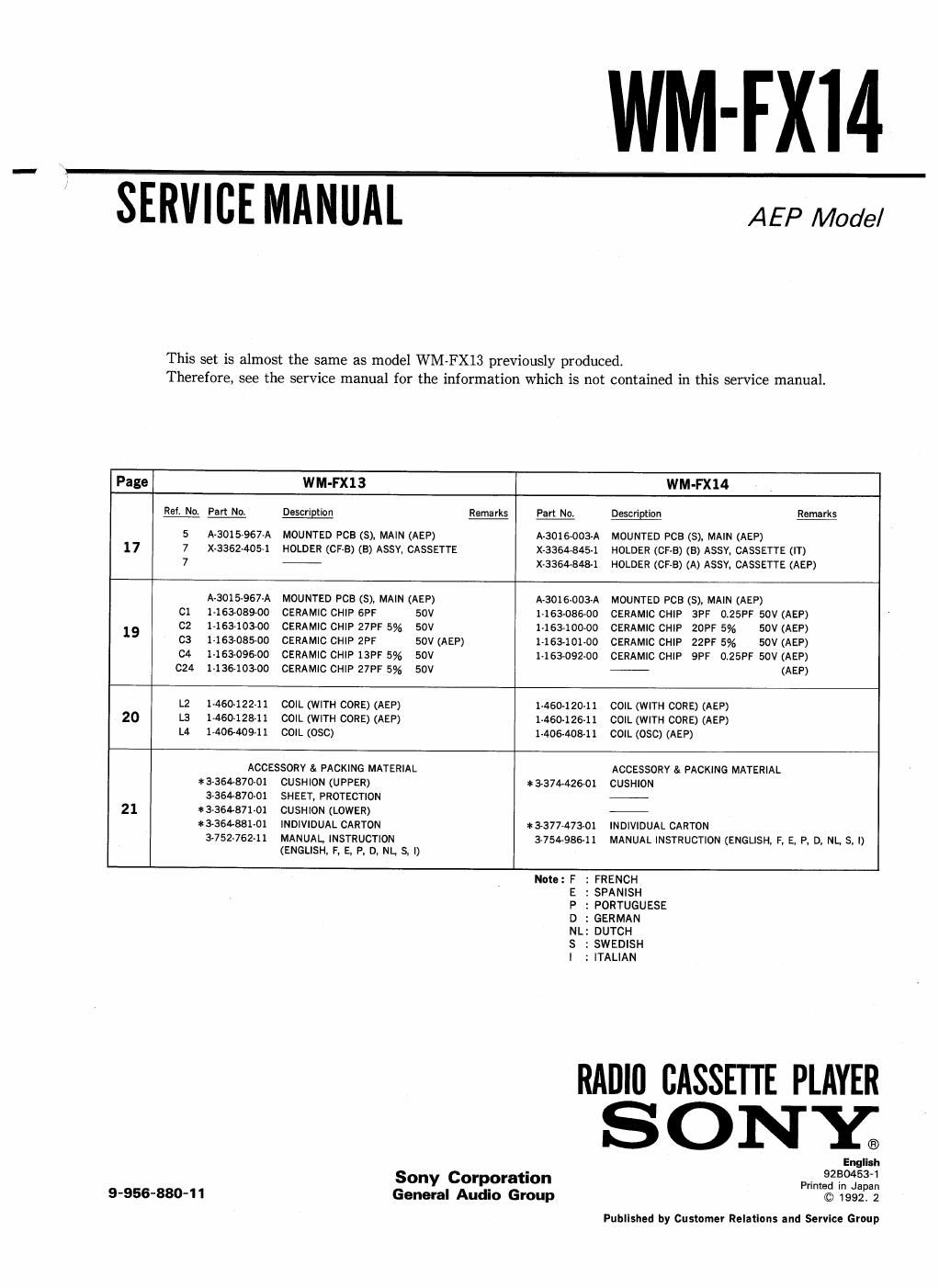 sony wm fx 14 service manual