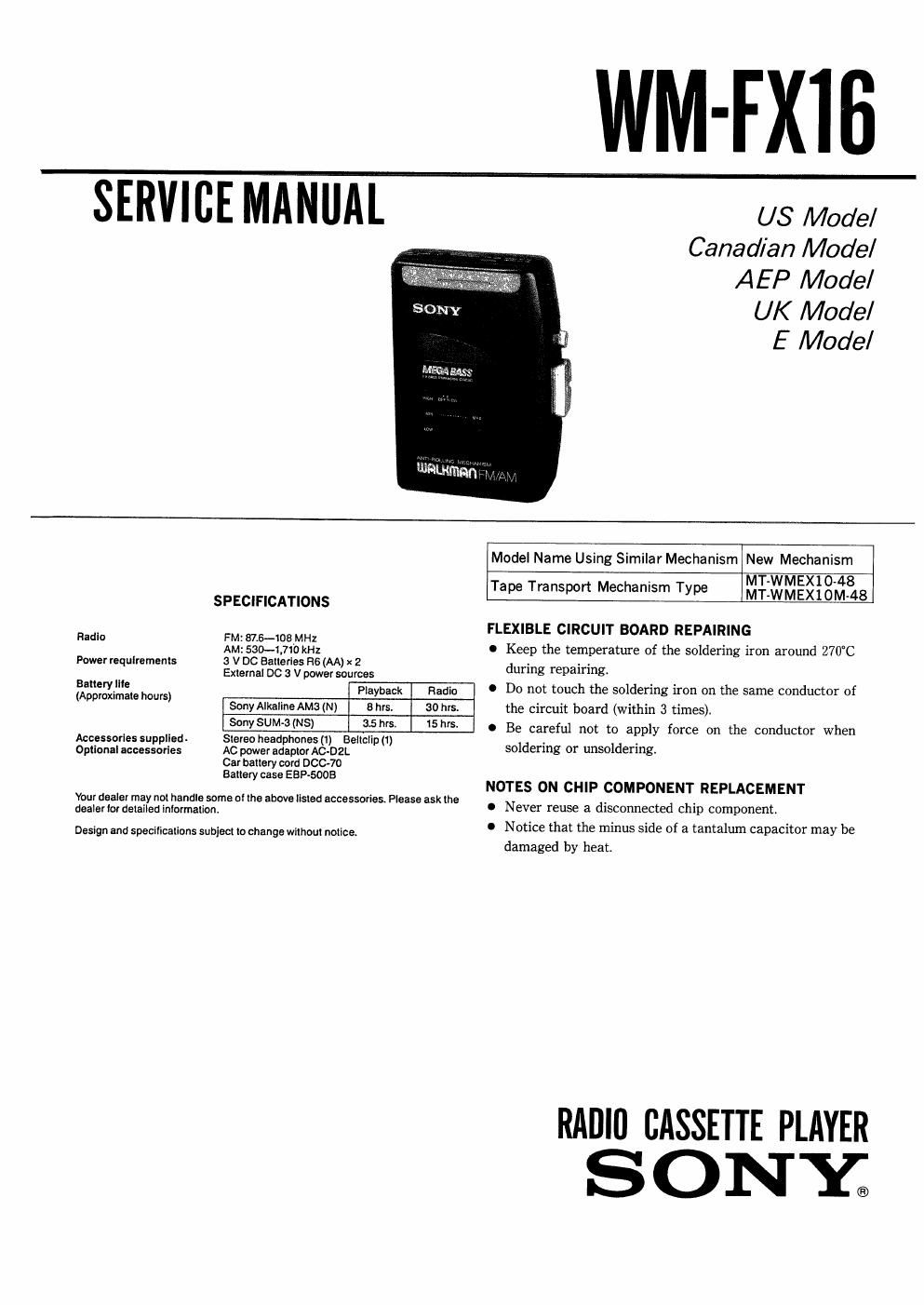 sony wm fx 16 service manual