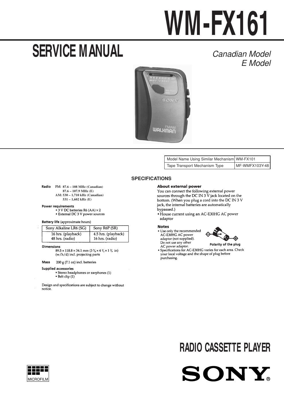 sony wm fx 161 service manual