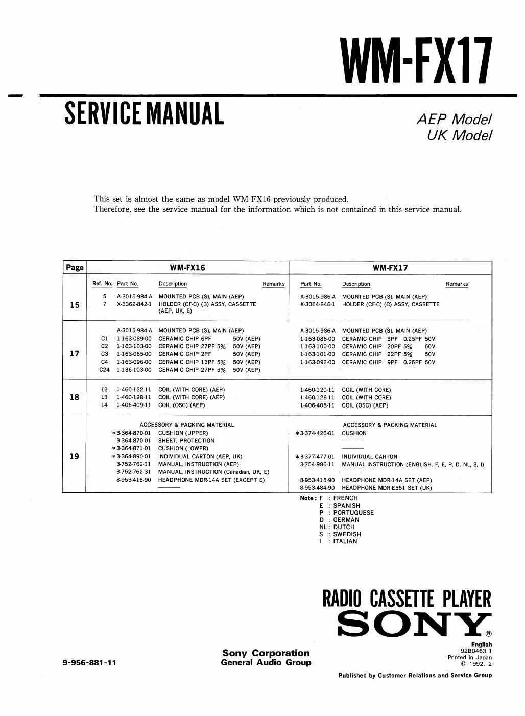 sony wm fx 17 service manual