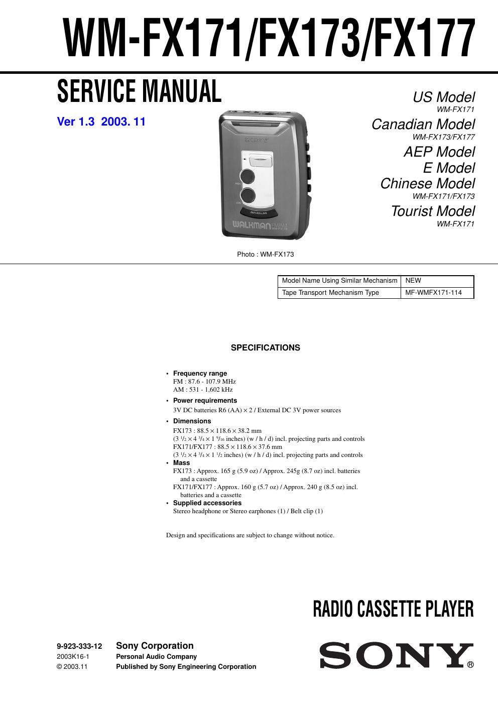 sony wm fx 171 service manual