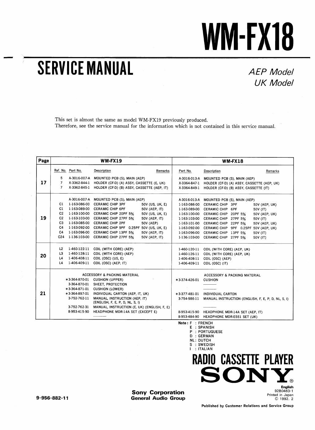 sony wm fx 18 service manual