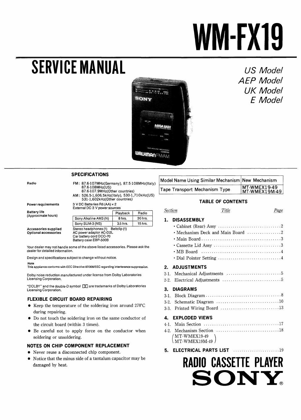 sony wm fx 19 service manual