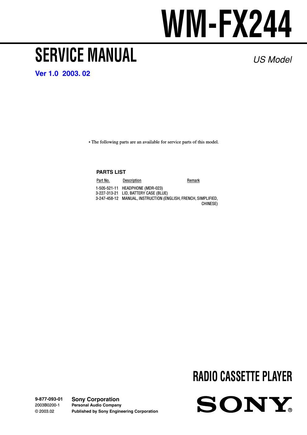 sony wm fx 244 service manual