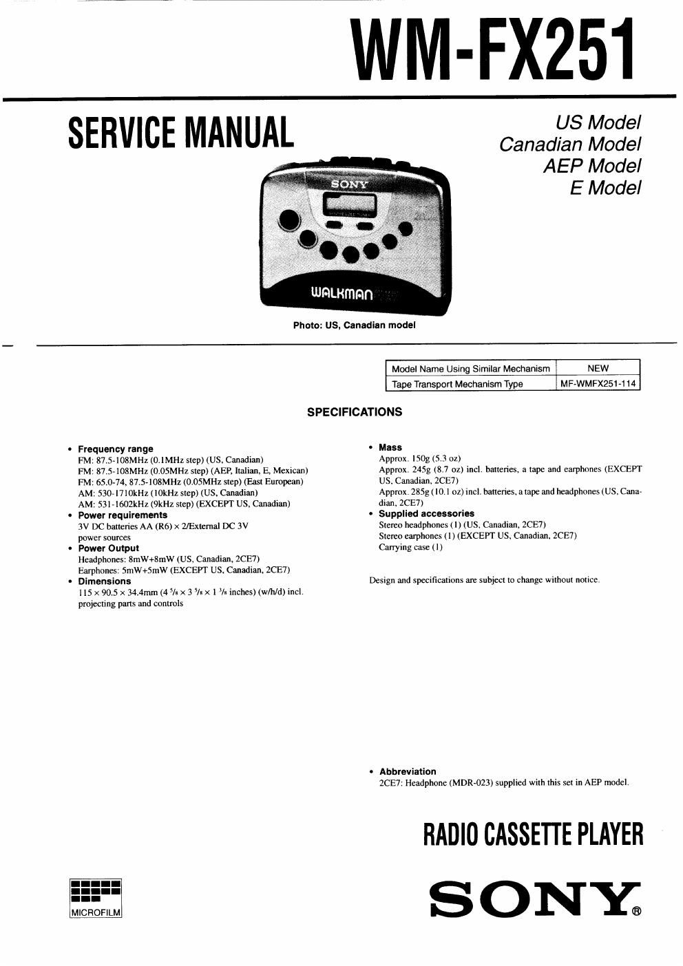 sony wm fx 251 service manual