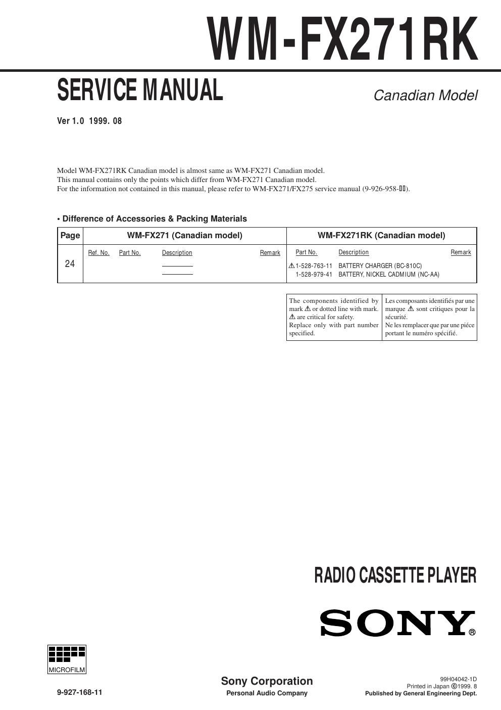 sony wm fx 271 rk service manual