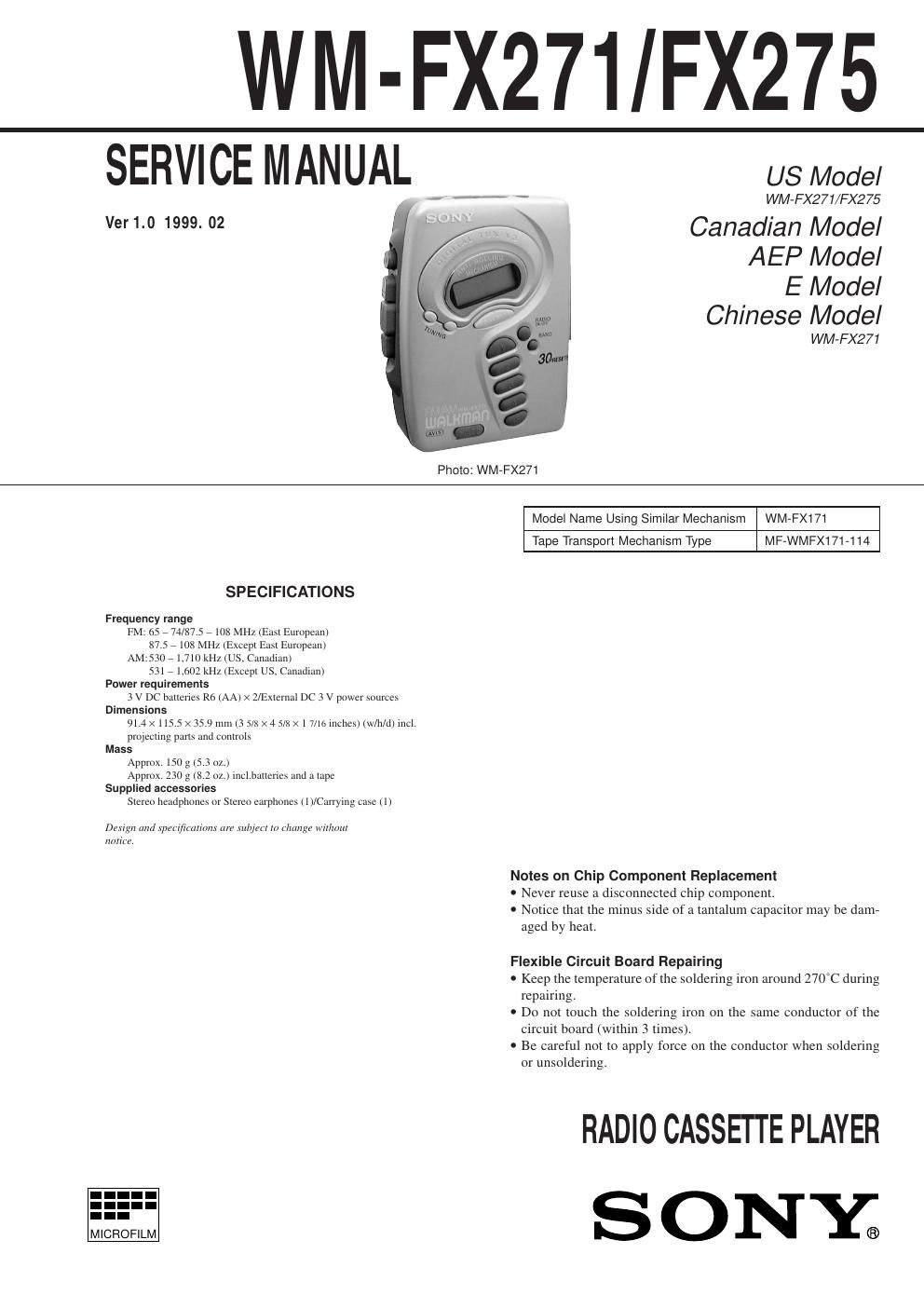 sony wm fx 271 service manual