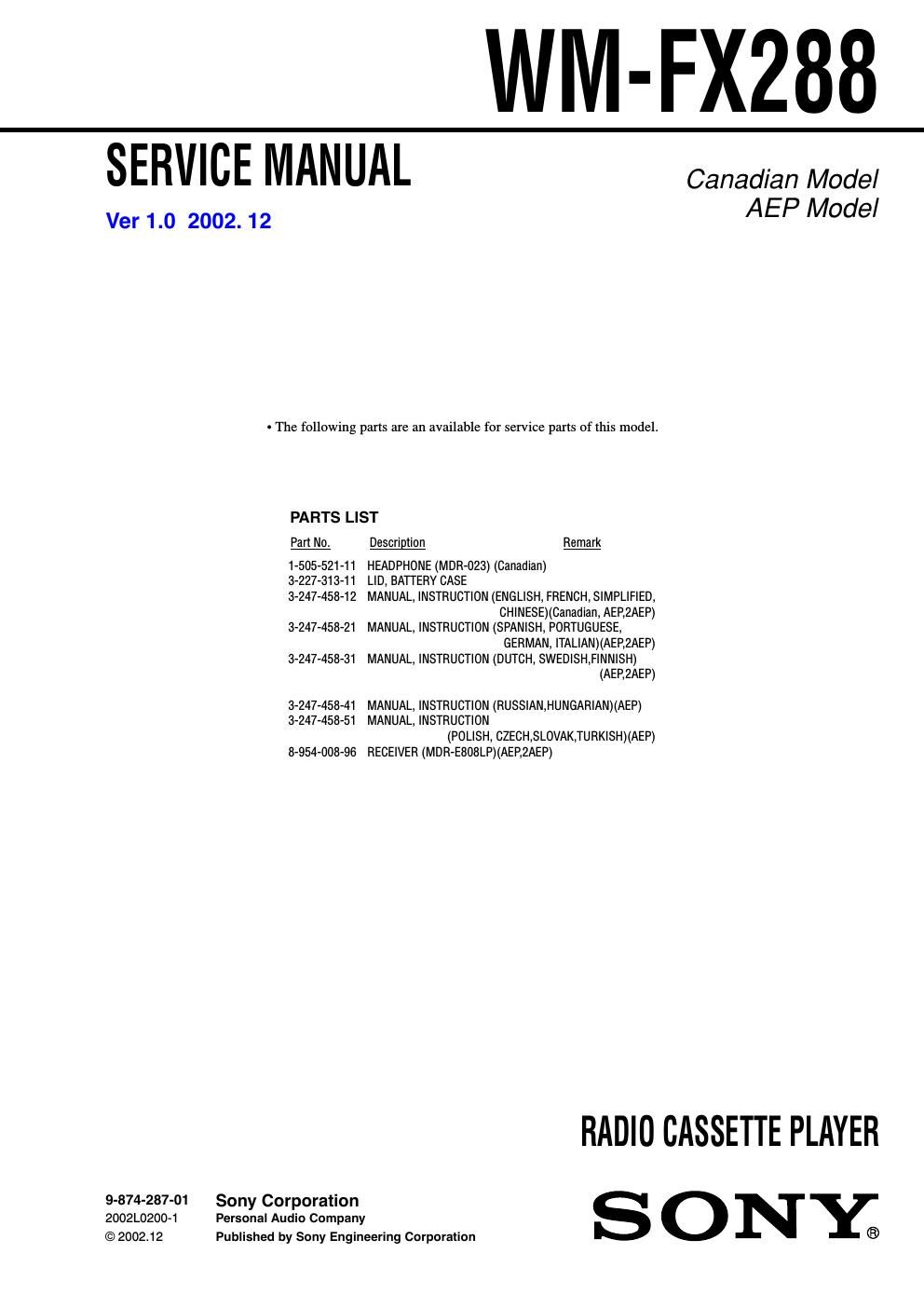 sony wm fx 288 service manual