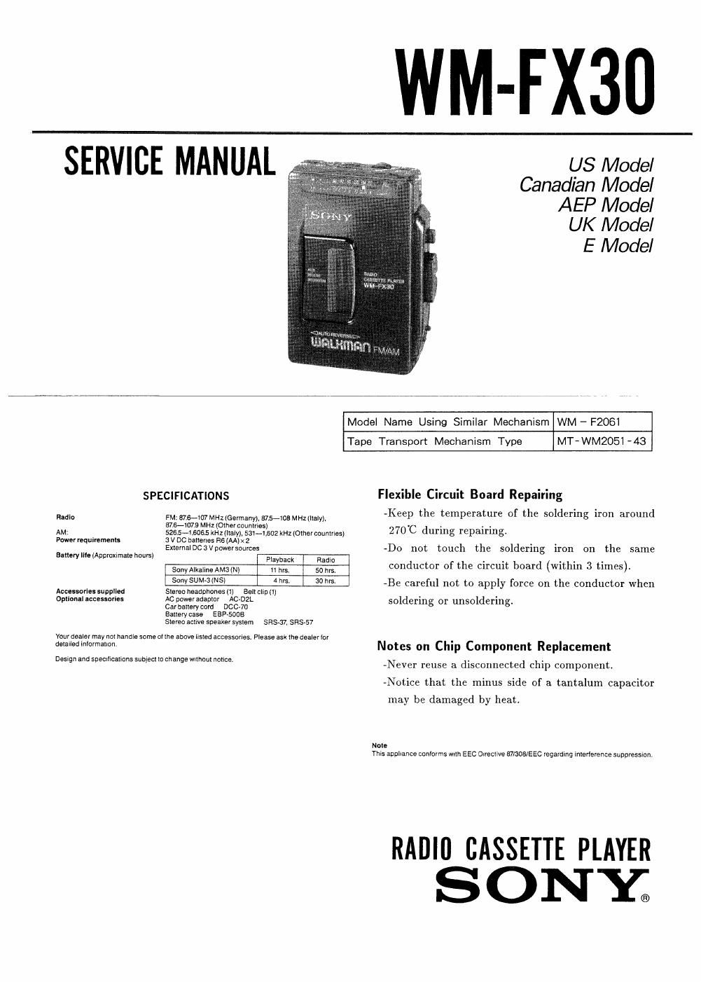 sony wm fx 30 service manual
