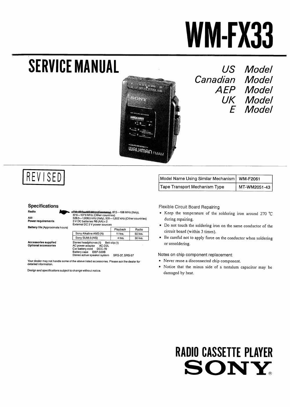 sony wm fx 33 service manual
