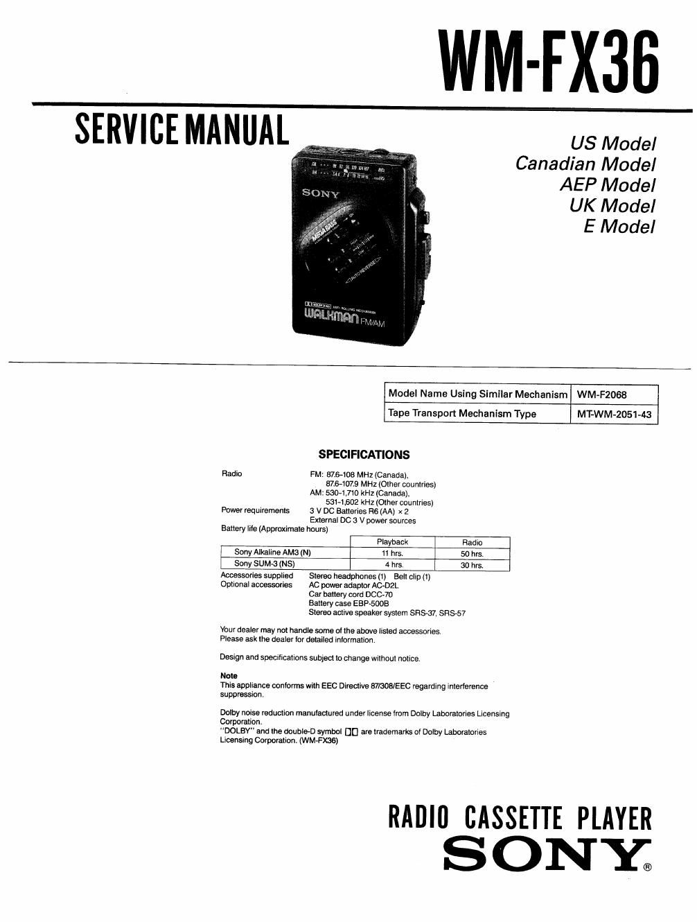 sony wm fx 36 service manual