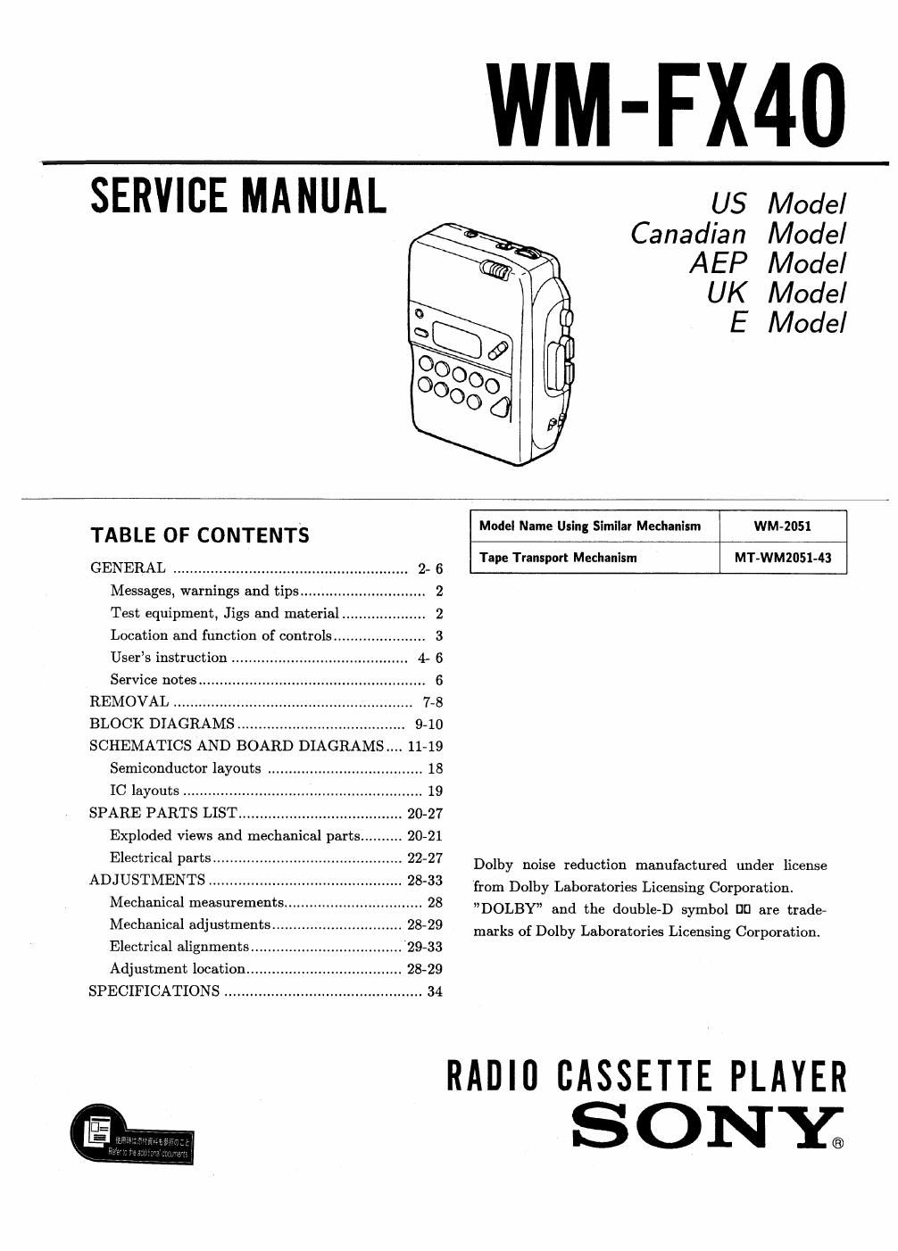 sony wm fx 40 service manual