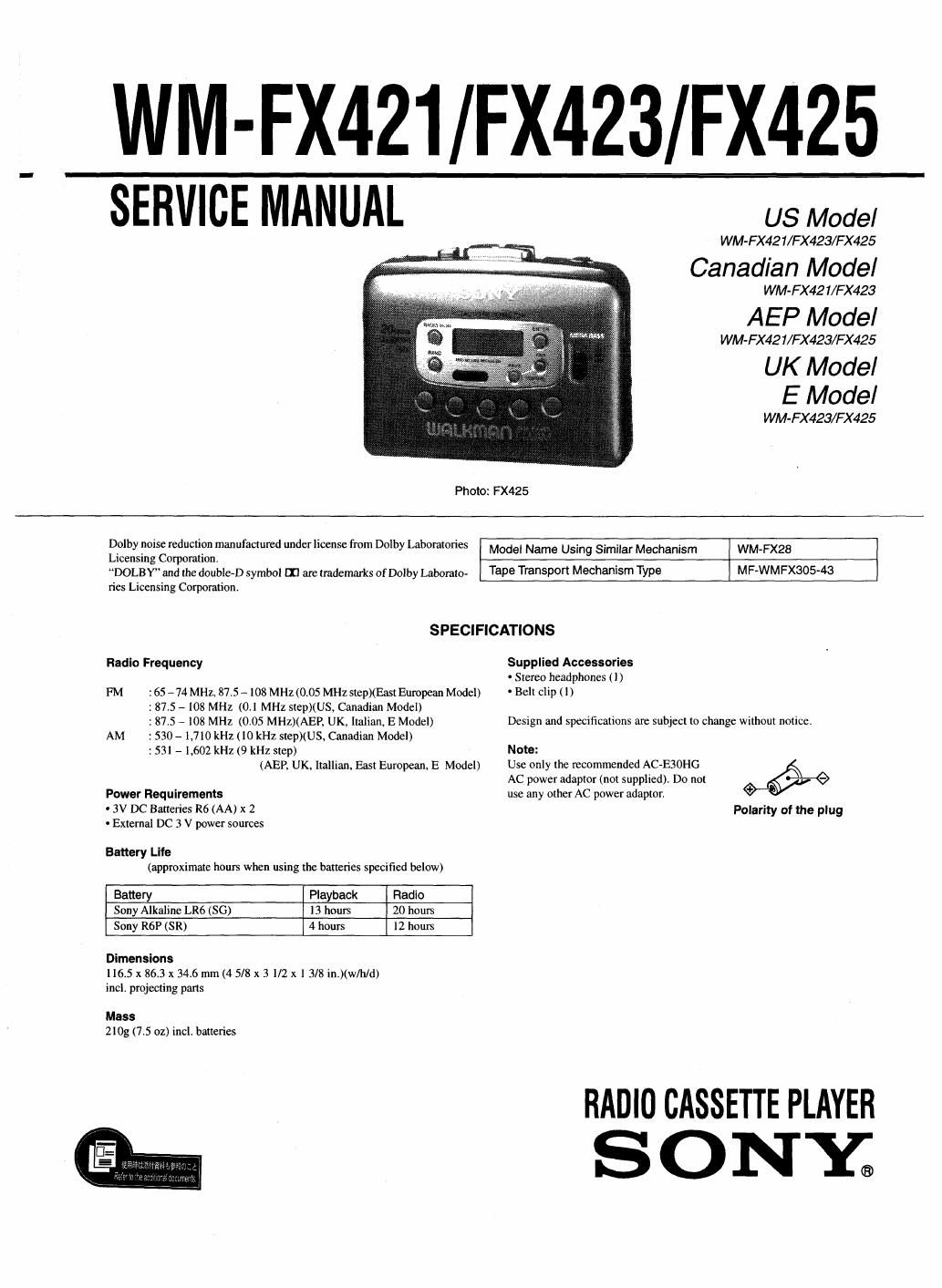 sony wm fx 421 service manual