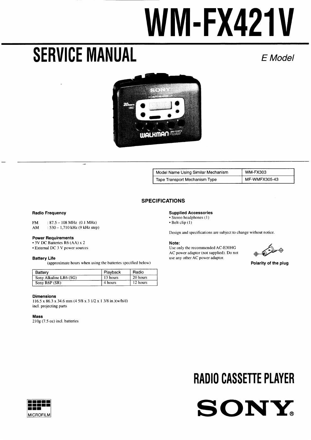 sony wm fx 421 v service manual