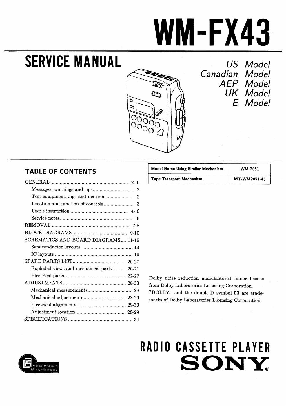 sony wm fx 43 service manual
