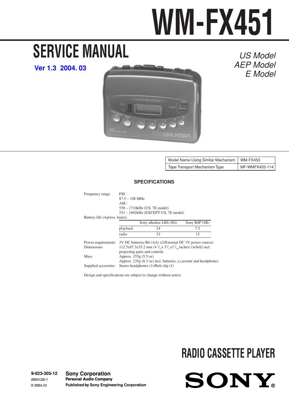 sony wm fx 451 service manual