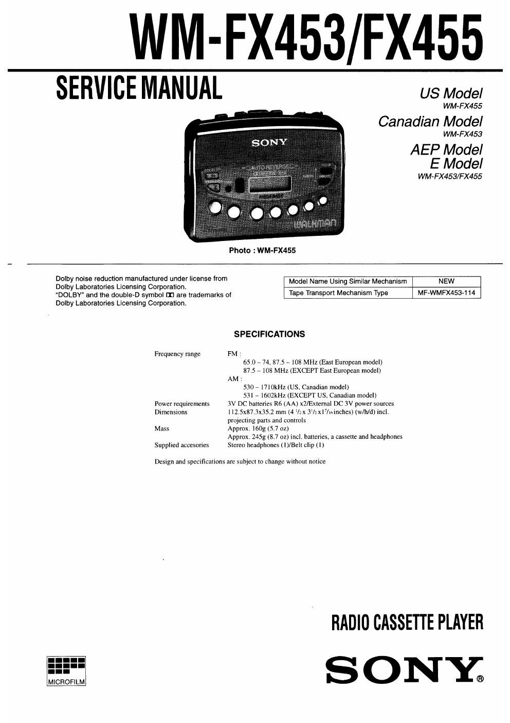 sony wm fx 453 service manual