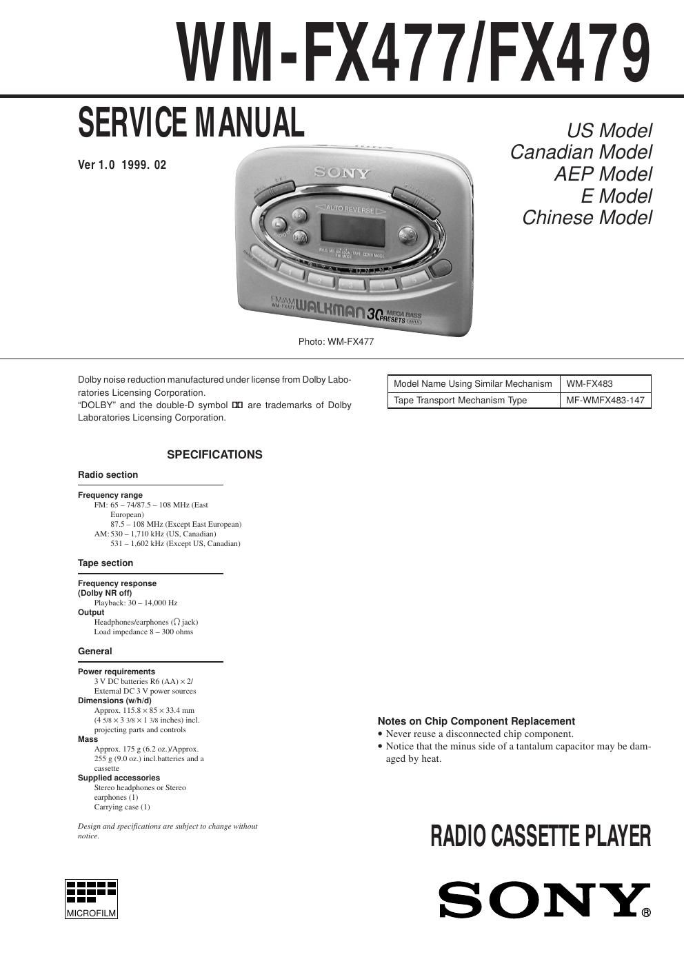 sony wm fx 477 service manual