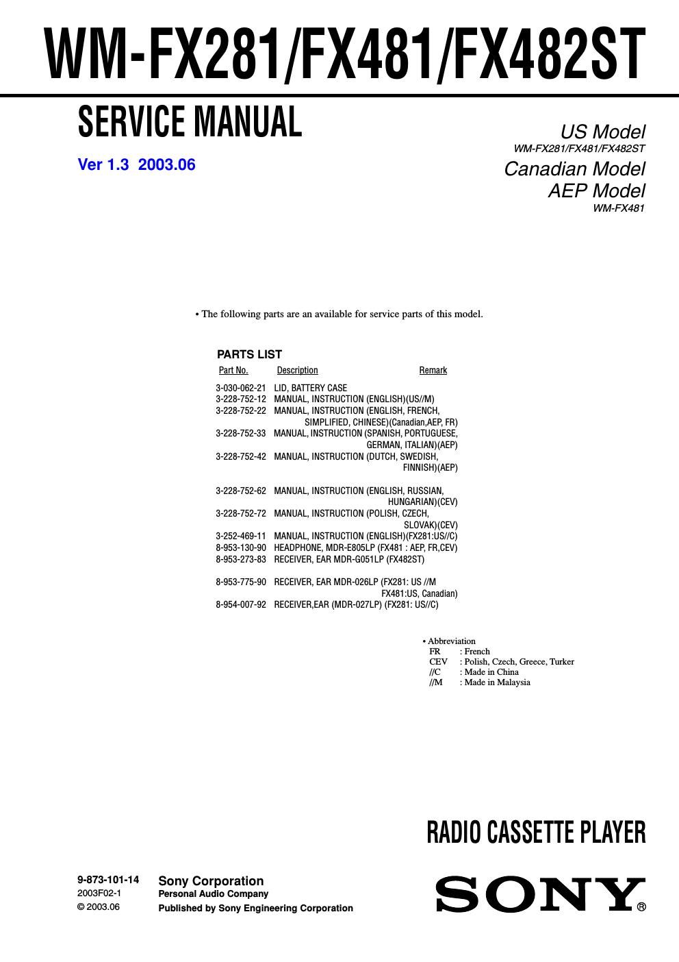 sony wm fx 481 service manual