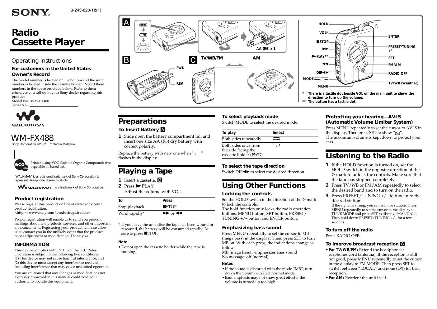 sony wm fx 488 owners manual