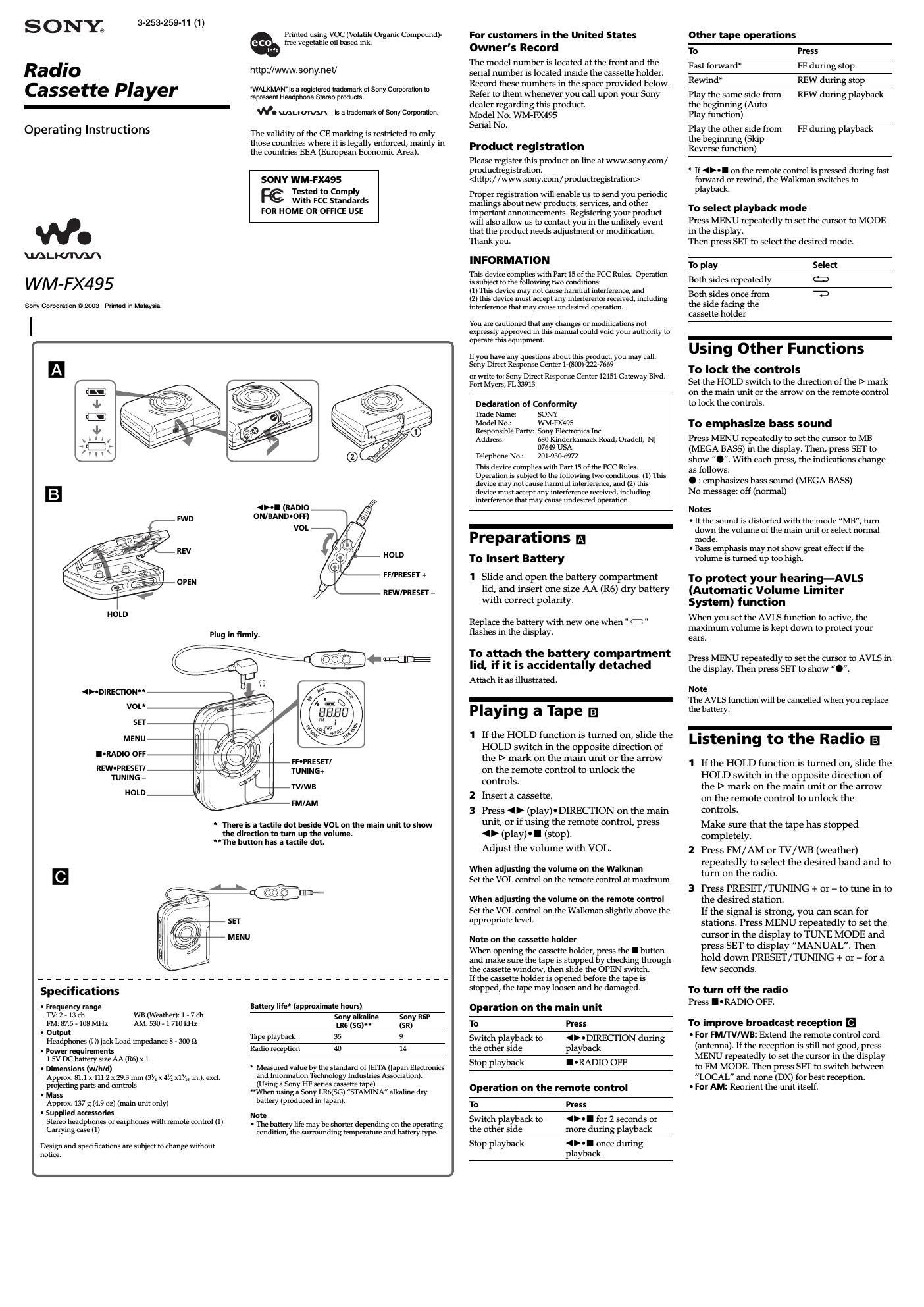 sony wm fx 495 owners manual