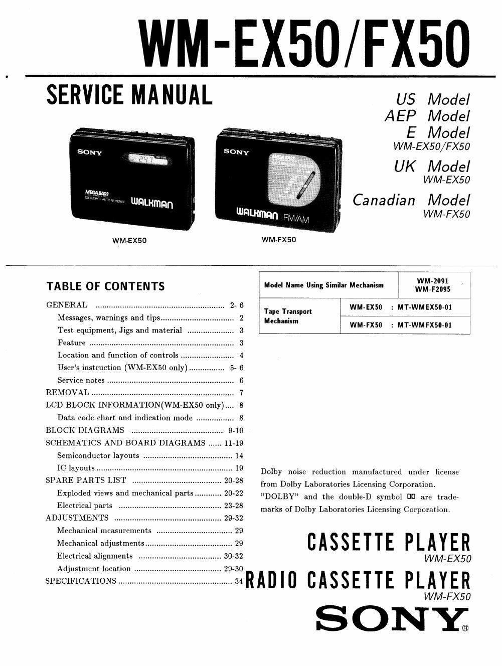 sony wm fx 50 service manual