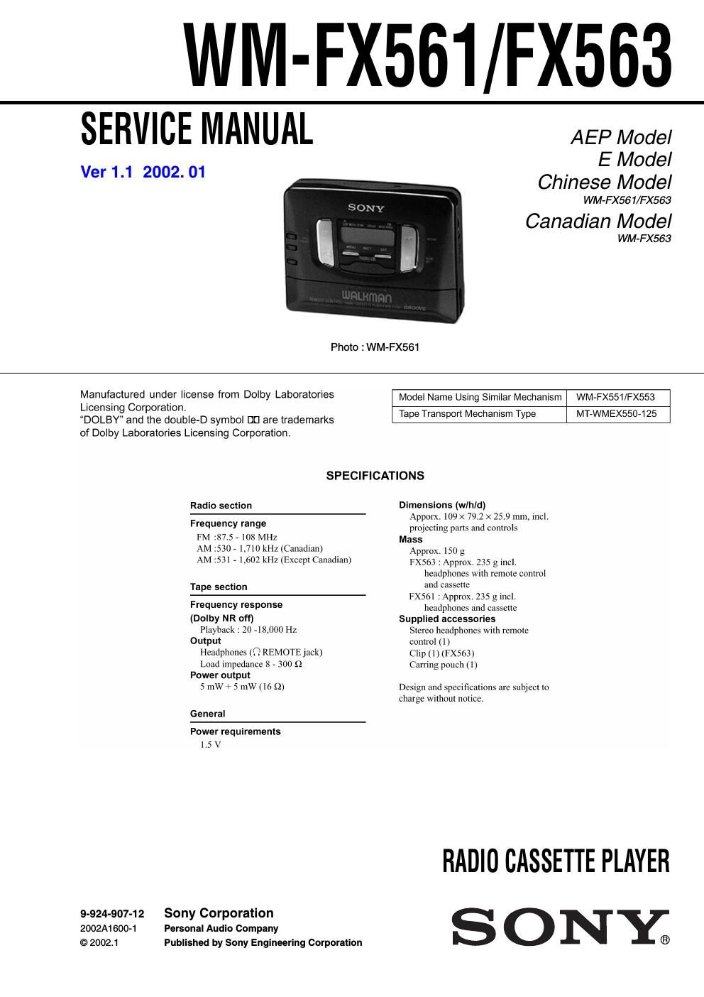 sony wm fx 561 service manual