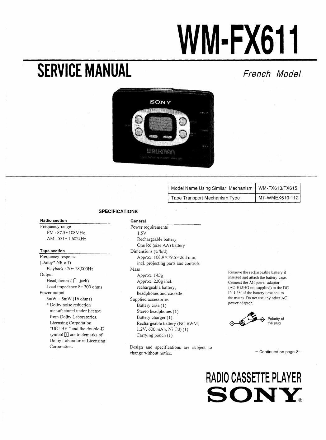 sony wm fx 611 service manual