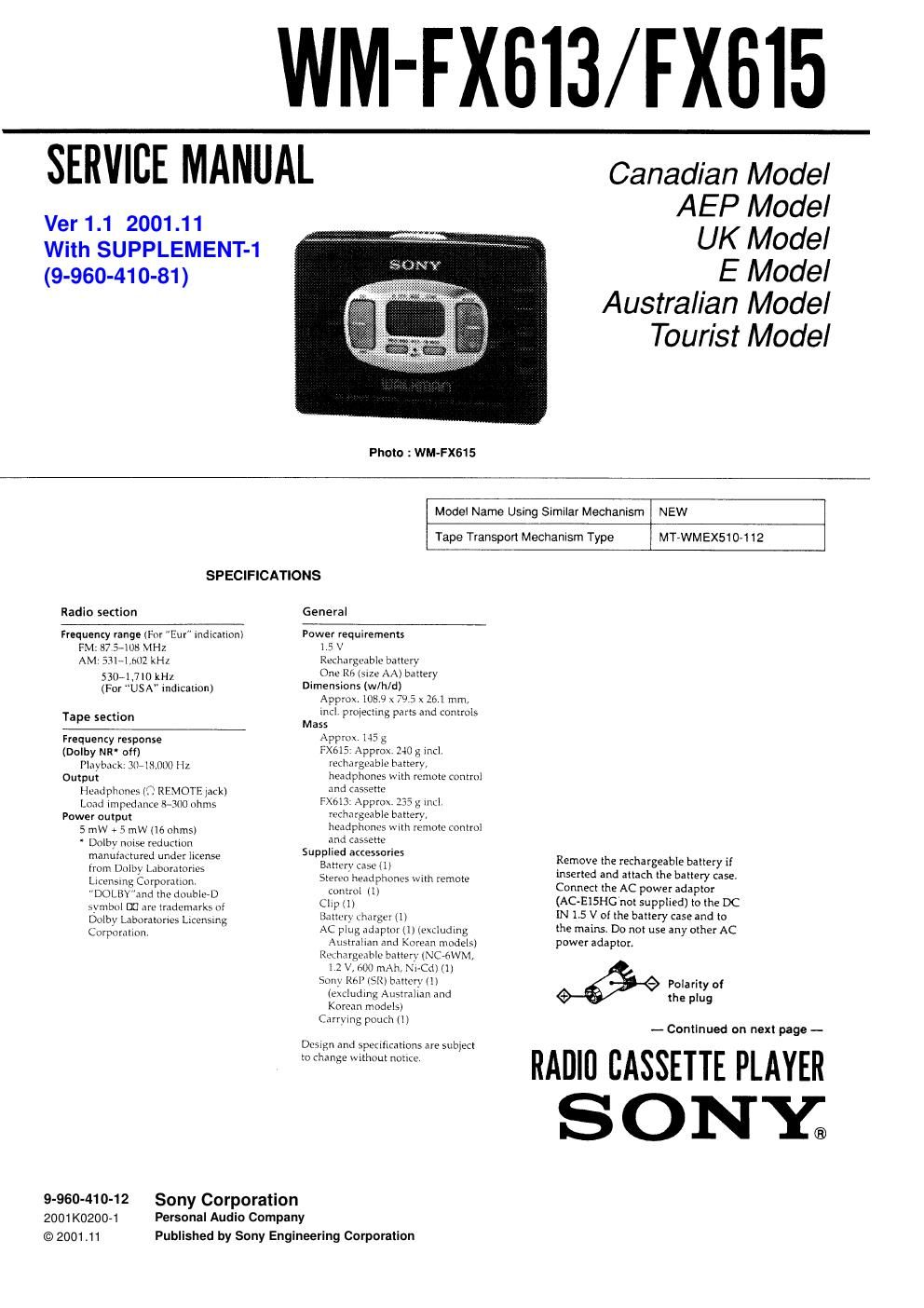 sony wm fx 613 service manual