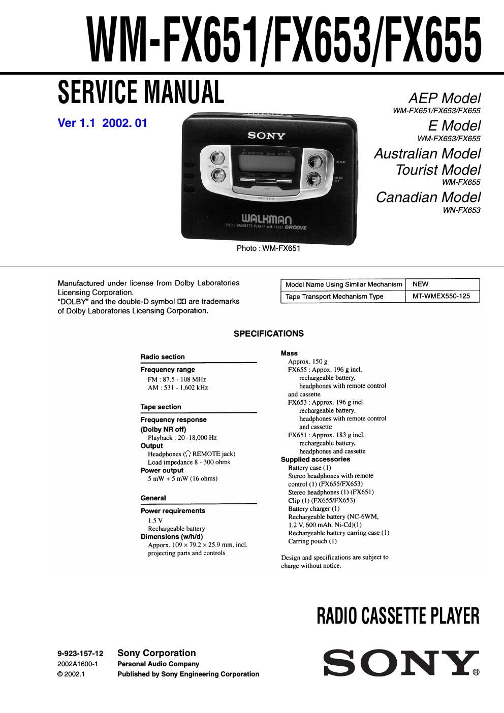 sony wm fx 655 service manual