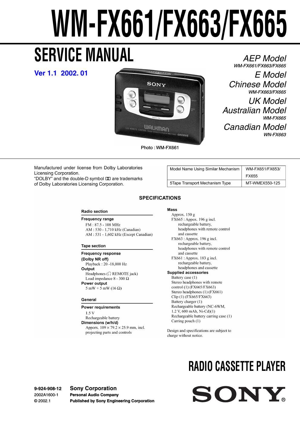 sony wm fx 665 service manual