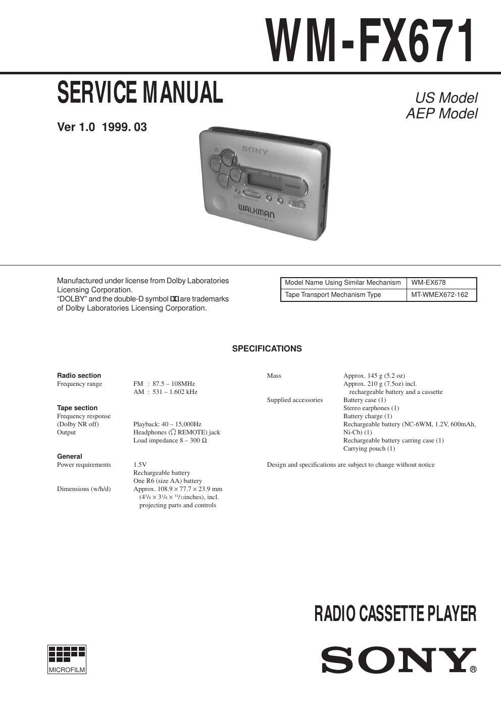 sony wm fx 671 service manual