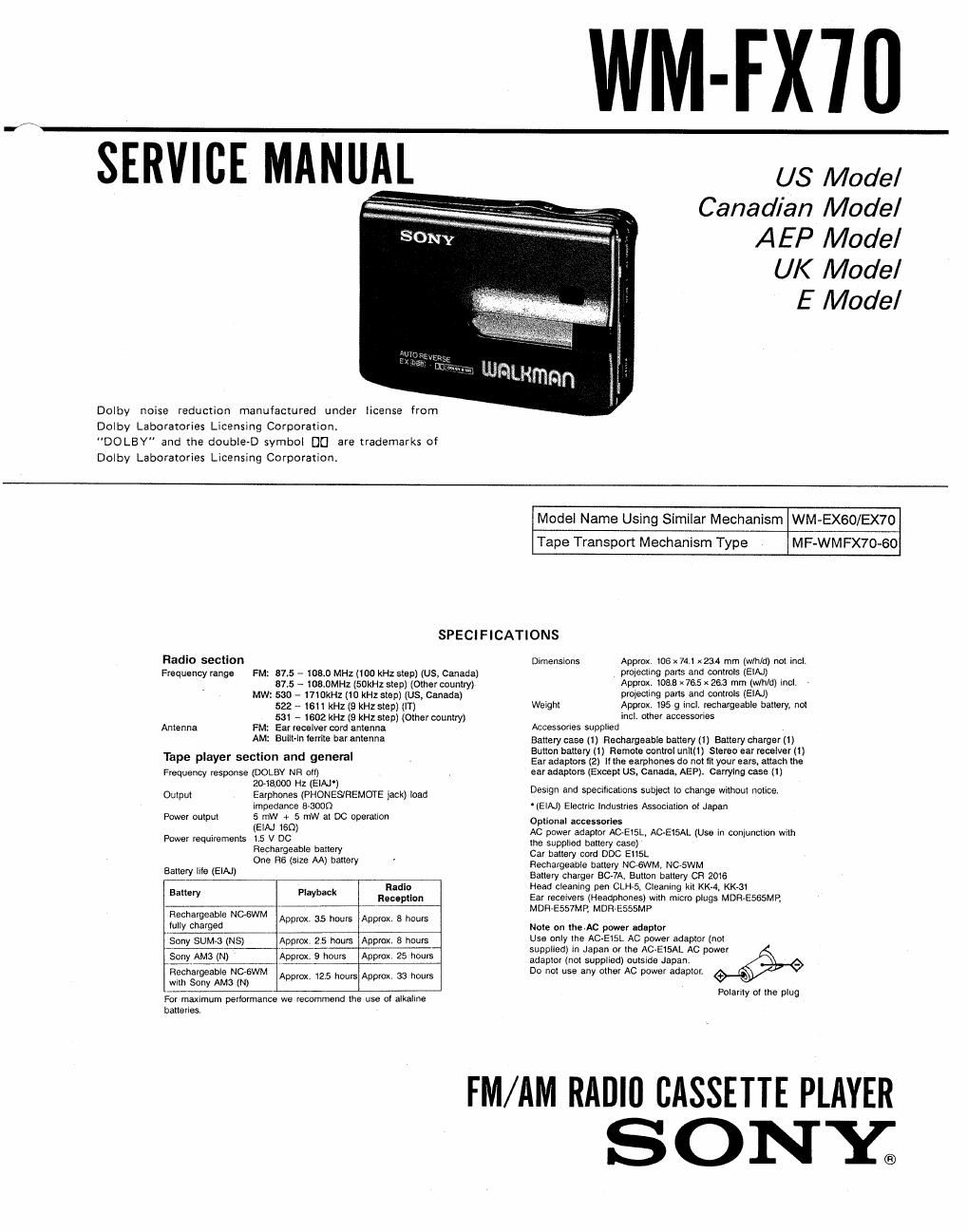 sony wm fx 70 service manual