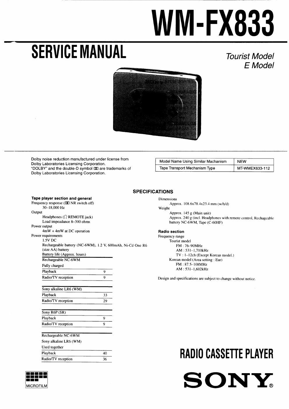 sony wm fx 833 service manual