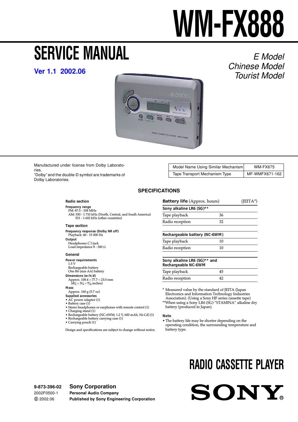 sony wm fx 888 service manual