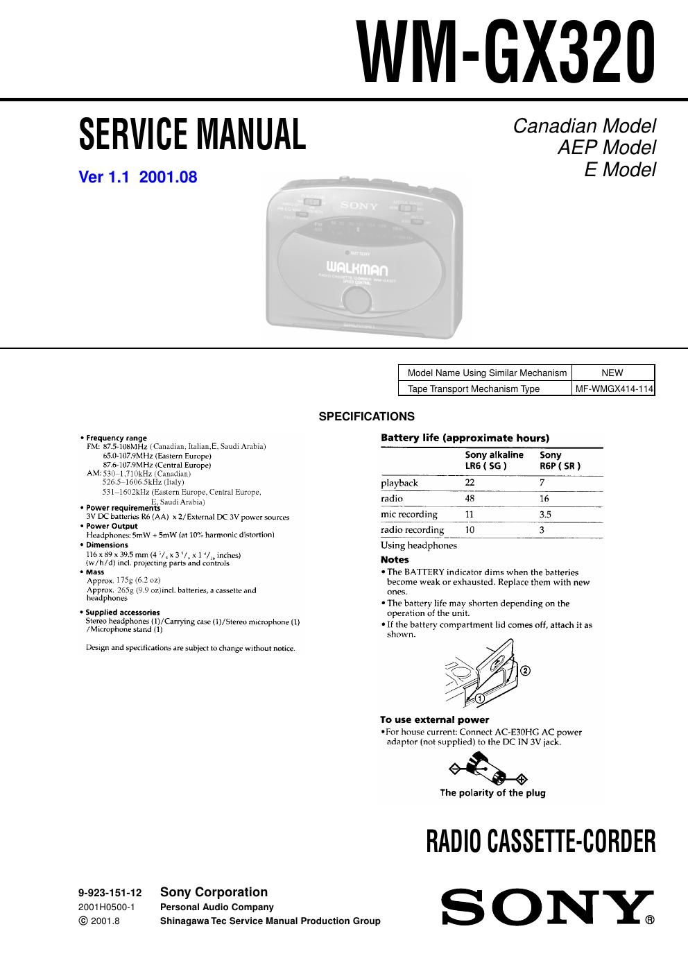 sony wm gx 320 service manual