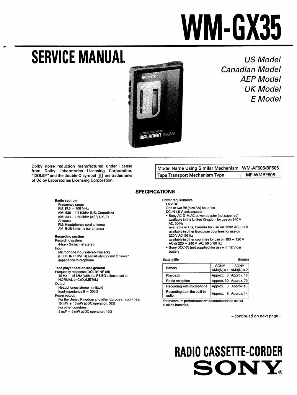 sony wm gx 35 service manual